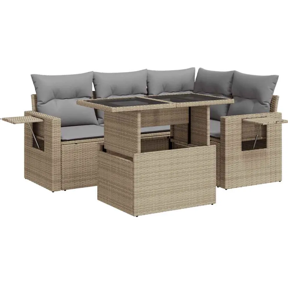 vidaXL 5-delige Loungeset met kussens poly rattan beige, foto 3