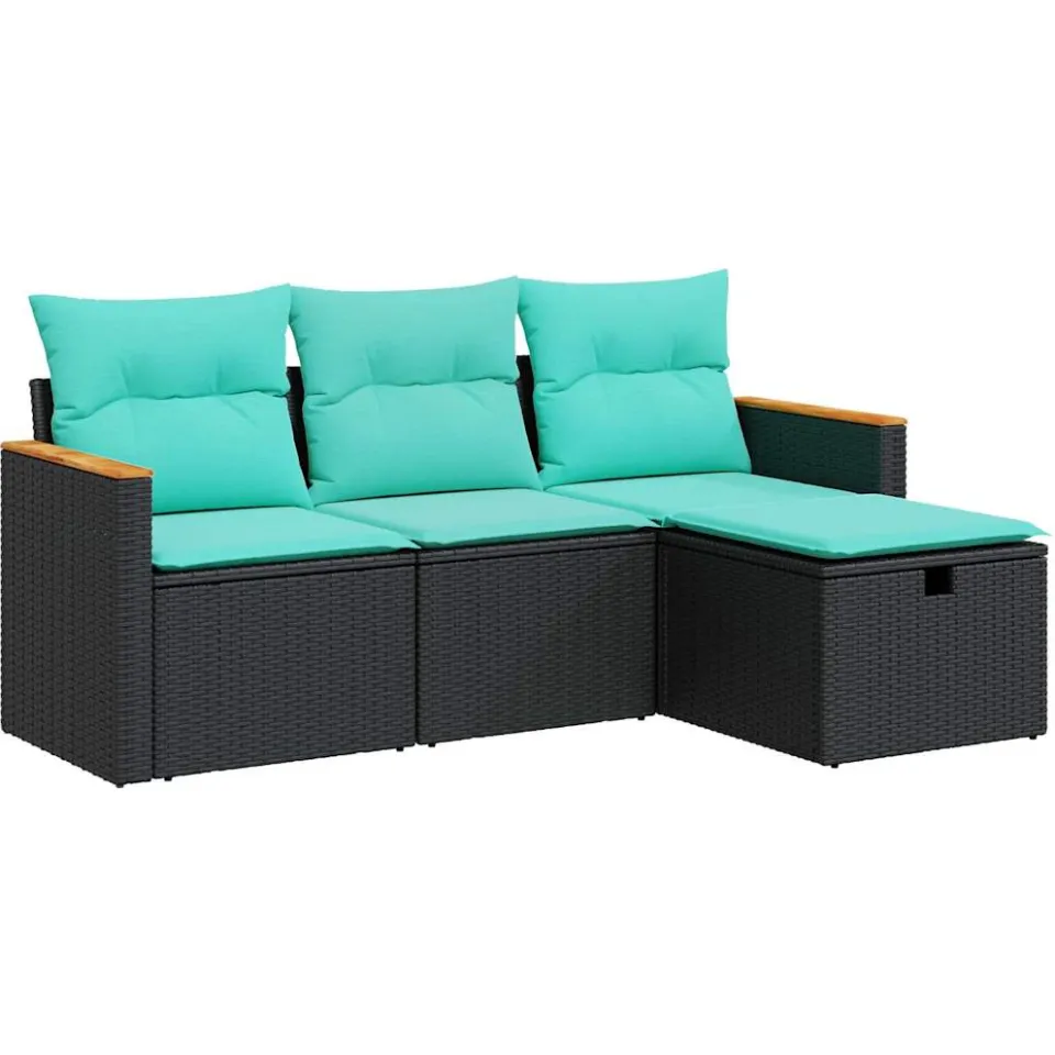vidaXL 4-delige Loungeset met kussens poly rattan zwart, foto 3