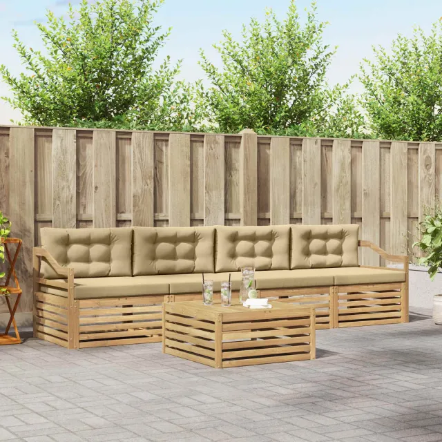 vidaXL Buiten bankenset 5 st 4-zits Wit en Beige Massief Acaciahout