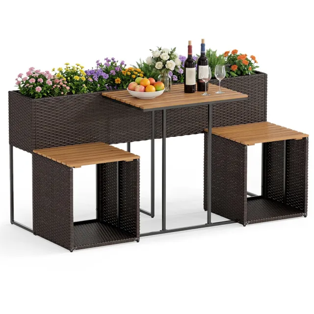 Costway Tuinmeubelset met verhoogd bloembed (bruin) | Kruidenbed met geïntegreerde stoelen, balkonset, balkonmeubels, zitgroep voor tuin, balkon, terras
