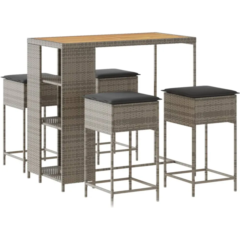 vidaXL 5-delige Tuinbarset met kussens poly rattan grijs, foto 4