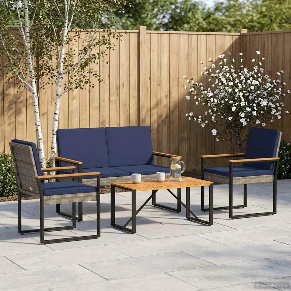 vidaXL Buitenmeubelset 4 st Grijs en Marineblauw poly rattan, foto 3