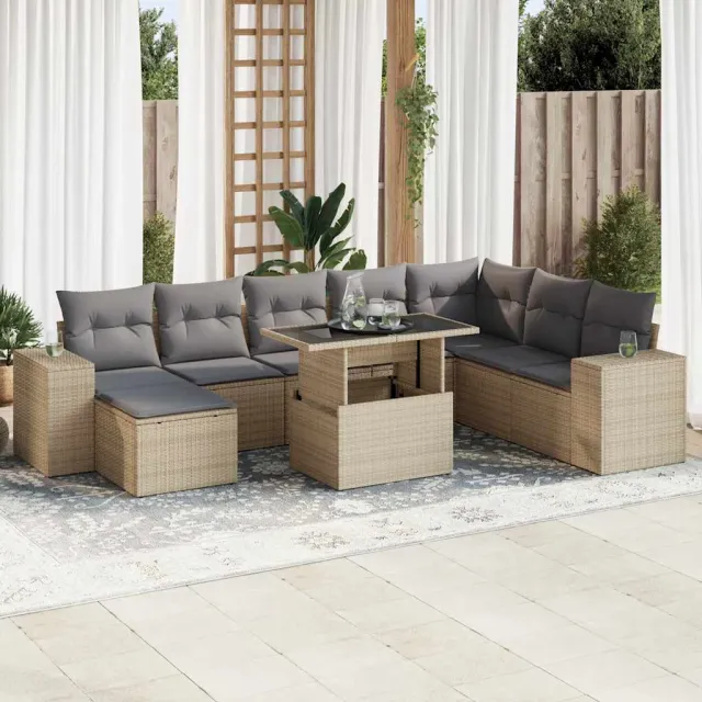 vidaXL 9-delige Loungeset met kussens poly rattan beige, foto 2