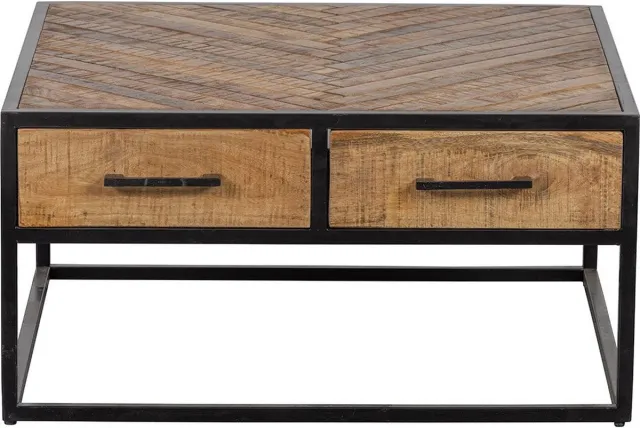 Mahom Mangohouten Salontafel New Haven Square Mahom Industrieel - Kleine tafel van Mangohout & Metaal - Industriële Huiskamertafel Bruin