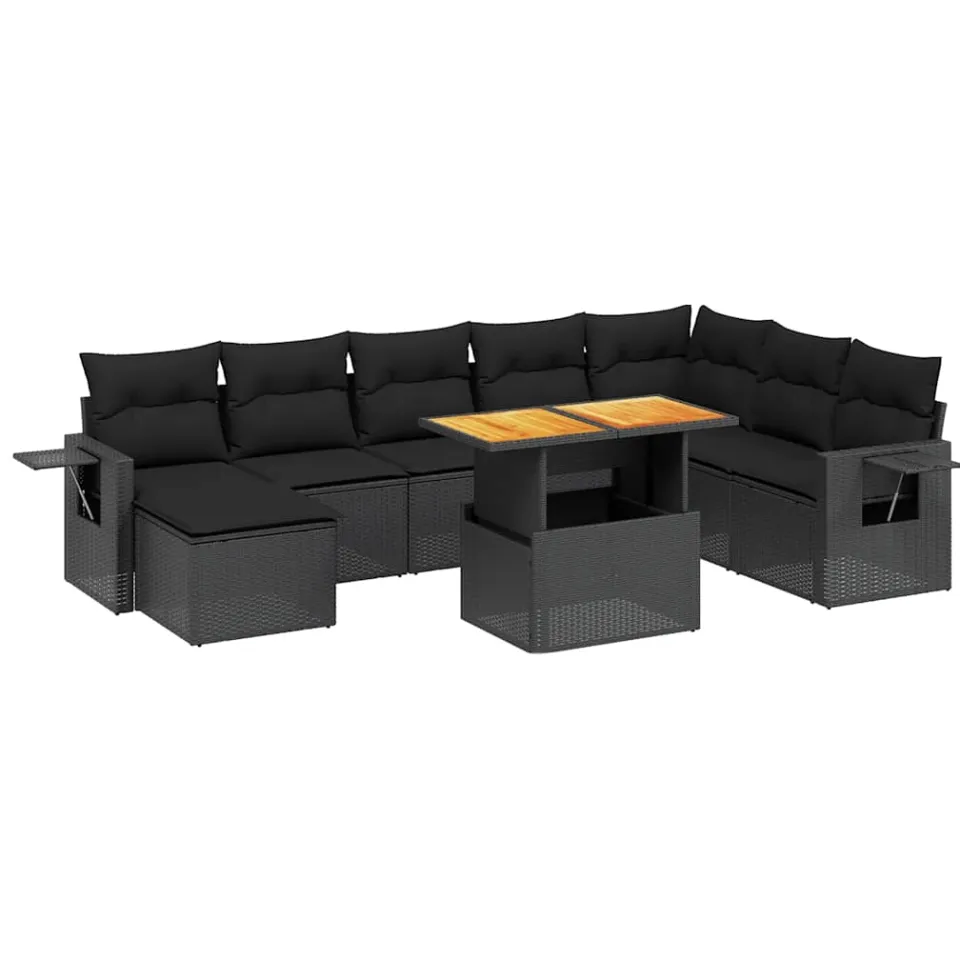 vidaXL 9-delige Loungeset met kussens poly rattan zwart