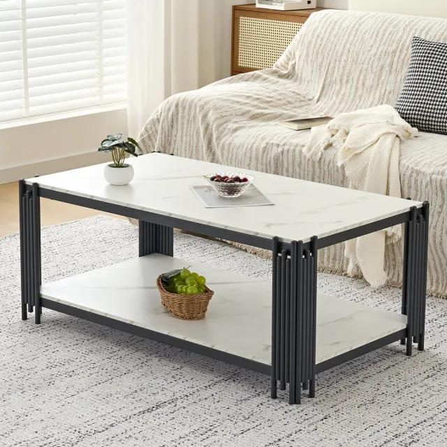Wishdor Salontafel - Rechthoekig - Met Marmerlook Blad En Metalen Poten - Modern - Voor Woonkamer - MDF En Metaal - Wit-Zwart Wit + Zwart