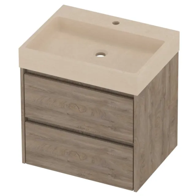 Proline Evoli Badmeubelset Hardsteen Loft 1 Kraangat Symmetrisch 60x46x62 cm Sand Stone Raw Oak Eiken