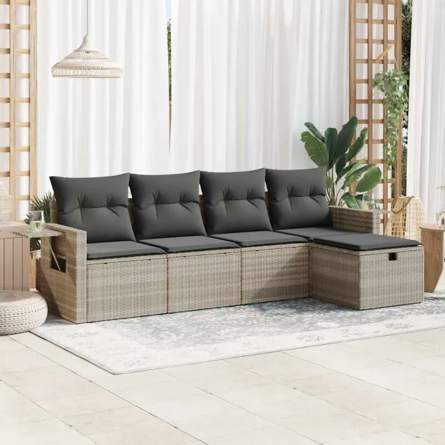 vidaXL 5-delige Loungeset met kussens poly rattan lichtgrijs grijs, foto 2