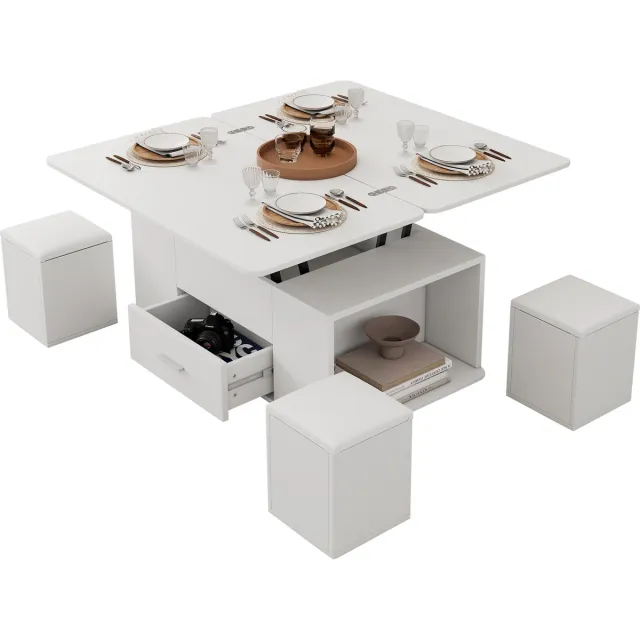 MODFU Salontafel 100x50 cm van spanplaat, uitschuifbaar tot 100x100 cm, hoogteverstelbaar, wit, 4 hockers