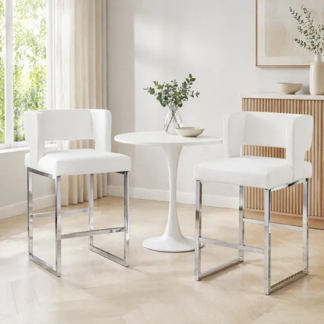 DESMIU Barkruk 91,4 Cm - Set Van 2 Met Rugleuning En Armleuning - Scandinavisch Voor Keuken En Bar - Kunstleer En Metaal - Wit Zilver