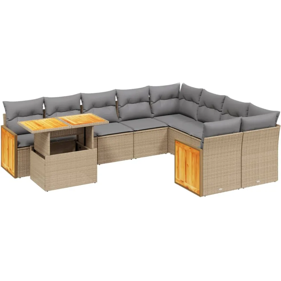 vidaXL 10-delige Loungeset met kussens poly rattan beige, foto 3