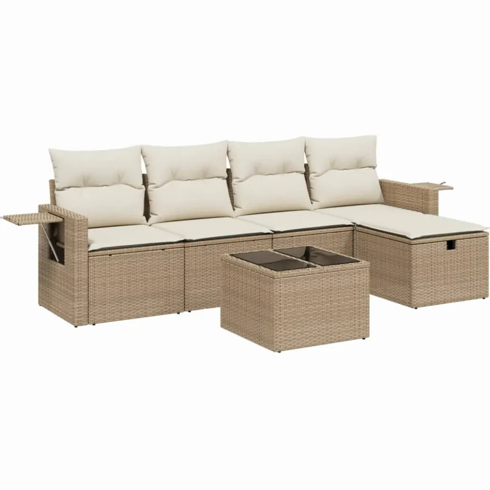 vidaXL 6-delige Loungeset met kussens poly rattan beige