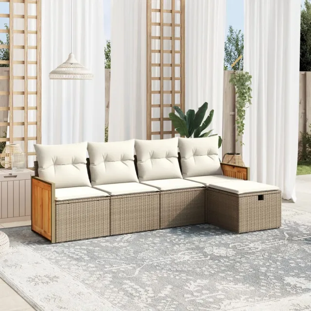 vidaXL 5-delige Loungeset met kussens poly rattan beige, foto 2