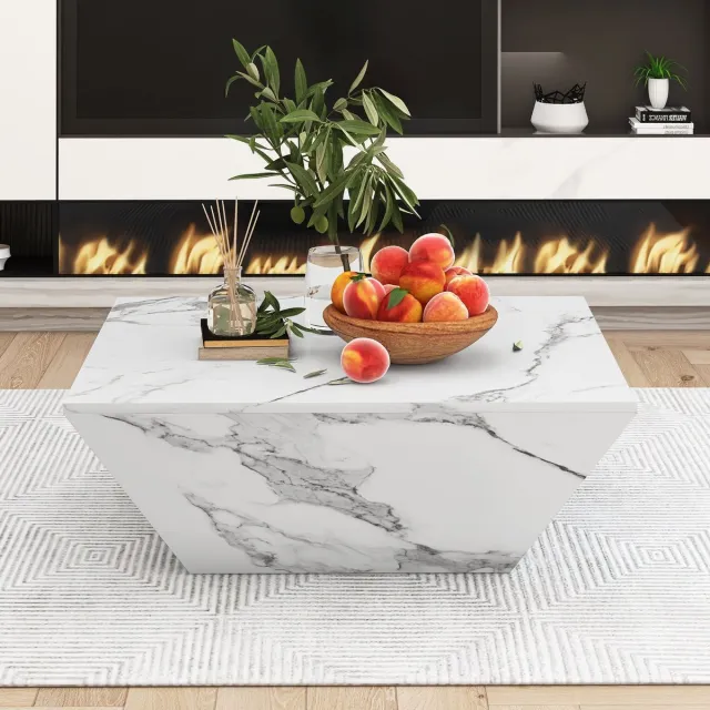 DESMIU Salontafel Trapezvormig Met Marmerlook En 2 Laden Voor Woonkamer En Kantoor Van MDF In Wit 70 X 70 X 37 Cm