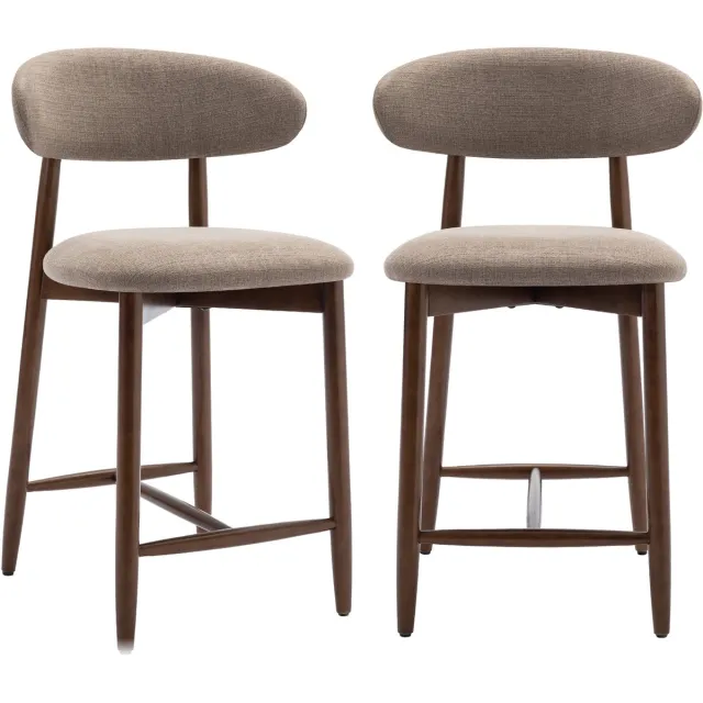 COLAMY Set van 2 Barkrukken - Keukenbarstoelen met Rugleuning - Gestoffeerde Barstoelen met Houten Poten - Camel