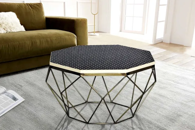 Invicta Interior Beeninleg Salontafel DIAMOND 70cm Zwart Wit Messing Inlegwerk Arts & Crafts - 45215 Zie omschrijving