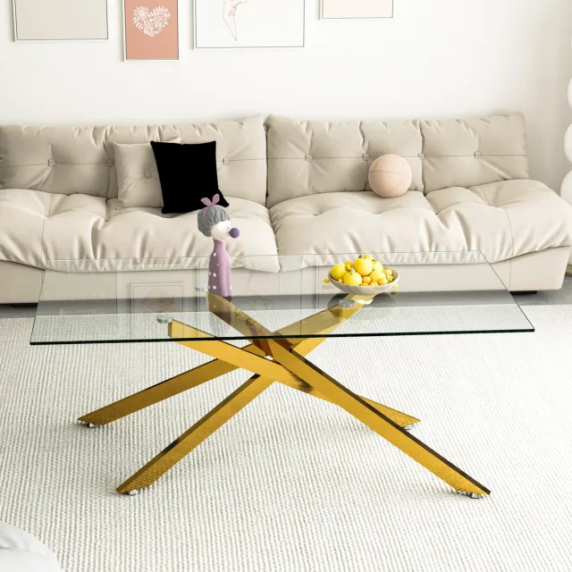 HAUSS SPOLE Salontafel Met Geharde Glazen Tafelplaat En Goudkleurig Metalen Kruisframe Voor Woonkamer En Lounge Rechthoekig 120 X 60 X 46 Cm