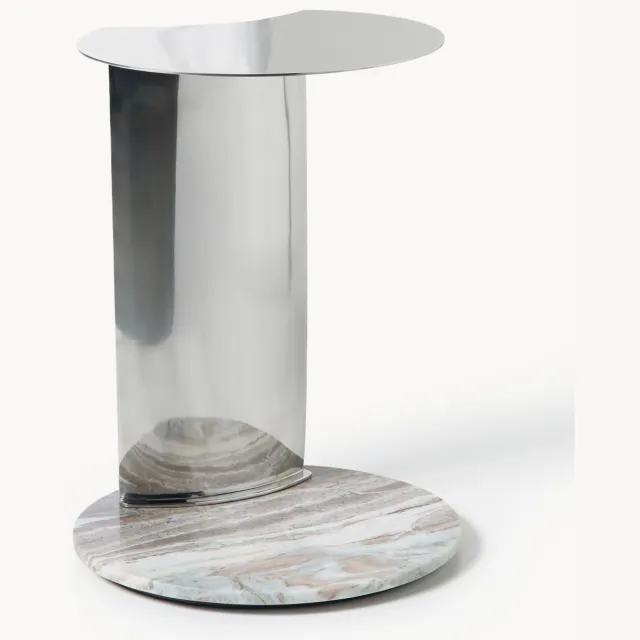 Westwing Collection Ronde bijzettafel Kerrington met marmeren voetstuk Beige, Zilverkleurig