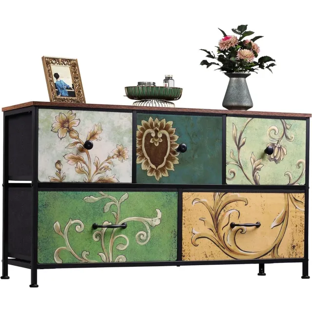 Yelenaro Commode met 5 stoffen lades, Smalle vintage ladekast met stalen frame, TV kast voor slaapkamer, woonkamer en hal, 100 x 30 x 55 cm Gekleurde