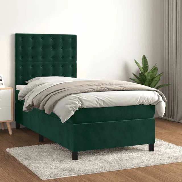 vidaXL Boxspring met matras fluweel donkergroen 90x200 cm groen