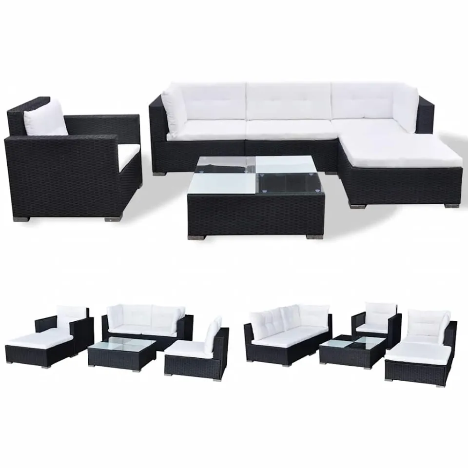 vidaXL 6-delige Loungeset met kussens poly rattan zwart