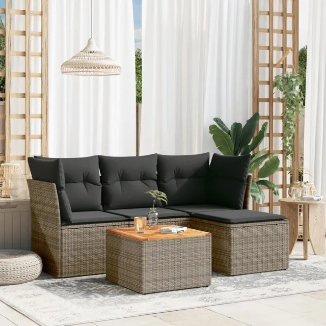 vidaXL 5-delige Loungeset met kussens poly rattan grijs, foto 2
