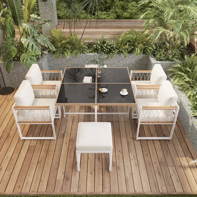 Merax 6-delige eettafel en stoel voor buiten voor 5 personen - tafel van gehard glas met PE-rattan verpakking Wit