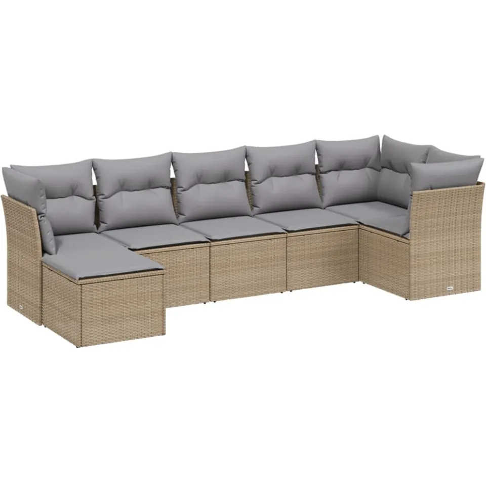vidaXL 7-delige Loungeset met kussens poly rattan gemengd beige, foto 3