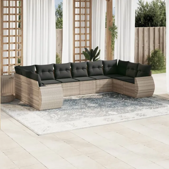vidaXL 10-delige Loungeset met kussens poly rattan lichtgrijs grijs, foto 2