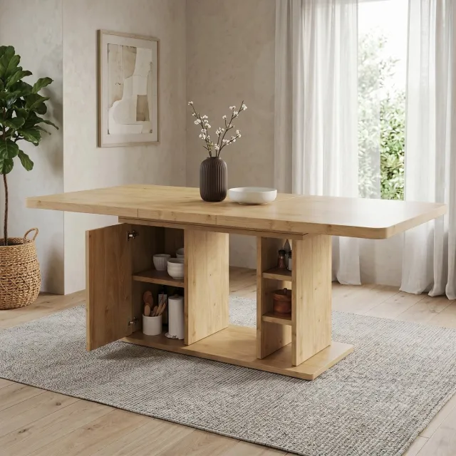 MIVRAY Eettafel - Uitschuifbaar Met Opbergruimte Voor 6 Tot 8 Personen - Scandinavisch Voor Eetkamer - MDF Eikenkleur - 180x80x75 Cm Oak