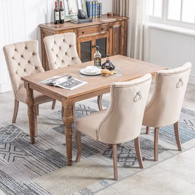 REDOM Eetkamerstoel - Hoge Rugleuning - Modern - Fluweel en Rubberhout - Beige - Set Van 4 - 97 × 51 × 47 cm