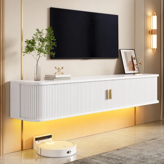 Sweiko TV-meubel - Wandgemonteerd TV-kast - LED-verlichting - Met lade - Schuifdeur - Wit