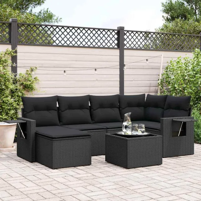 vidaXL 7-delige Loungeset met kussens poly rattan zwart, foto 2