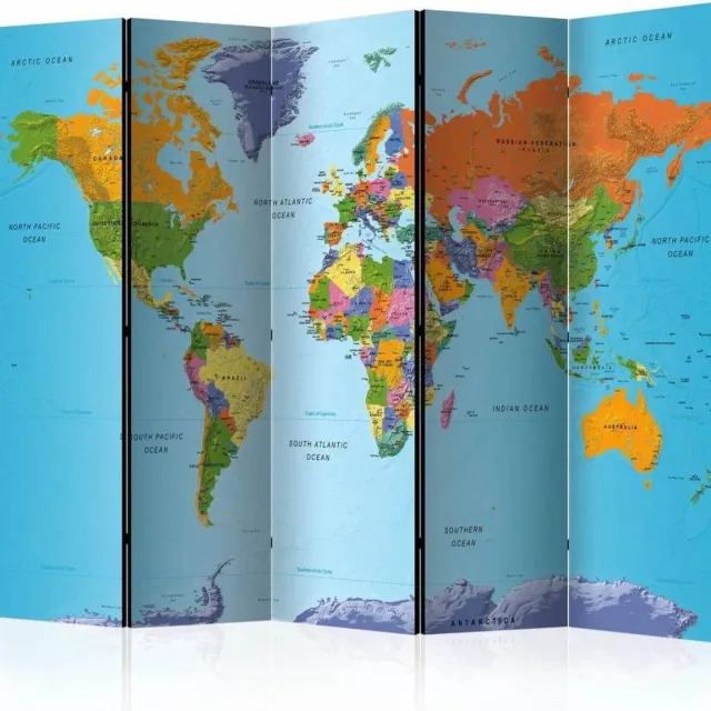karo-art Vouwscherm - Gedetailleerde wereldkaart 225x172cm , gemonteerd geleverd, dubbelzijdig geprint (kamerscherm) Multikleur