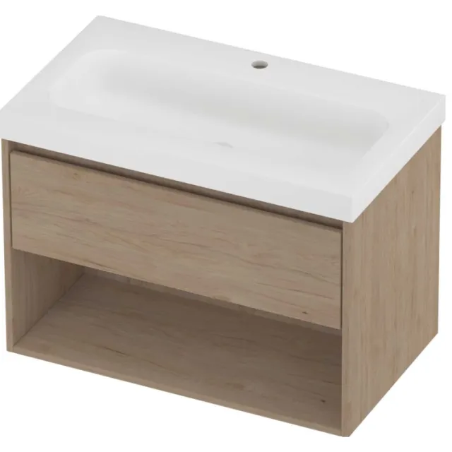 Proline Haga Badmeubelset Polystone Mezza 1 Kraangat Met Schap 80x46x58 cm Mat White Ideal Oak Eiken