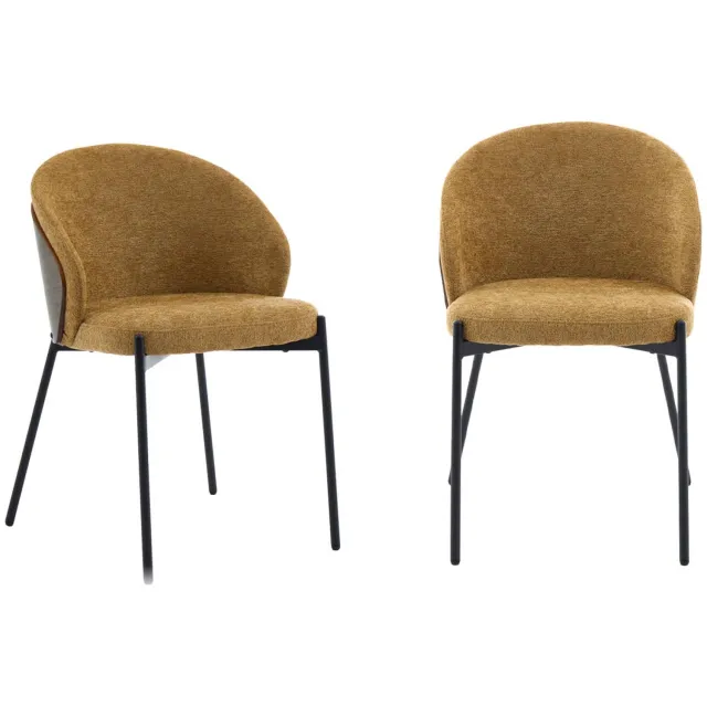 sweeek Set van 2 stoelen van walnootkleurig populierenhout zwart staal en getextureerde stof - paul Mosterdgeel