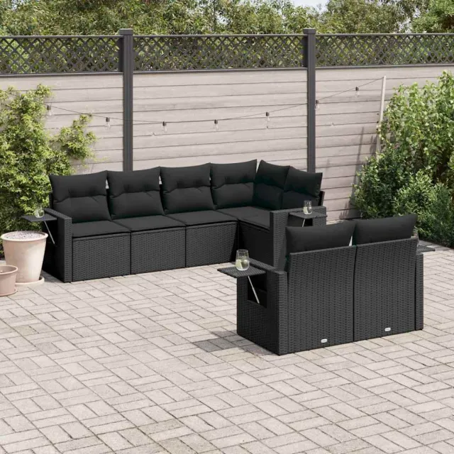 vidaXL 7-delige Loungeset met kussens poly rattan zwart, foto 2