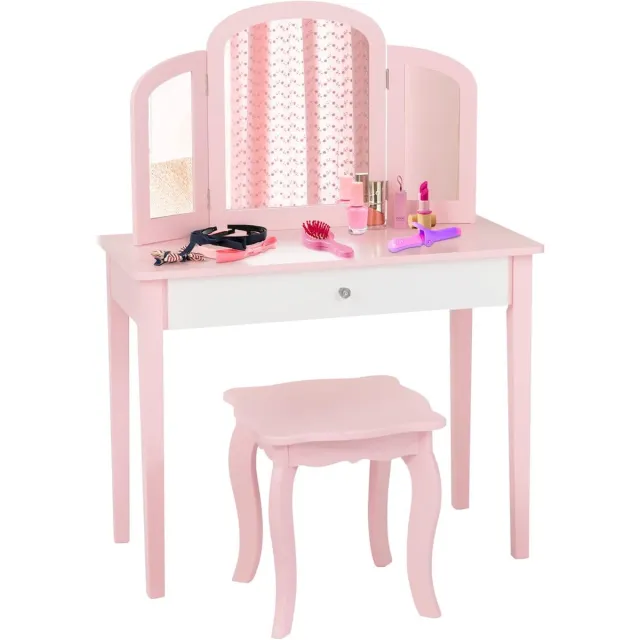 KOMFOTTEU 2-in-1 kindermake-uptafel/bureau - kaptafel en stoel, make-uptafel met afneembare 3-voudige spiegel en lade, gevoerde kruk, van hout - voor kinderkamer Roze