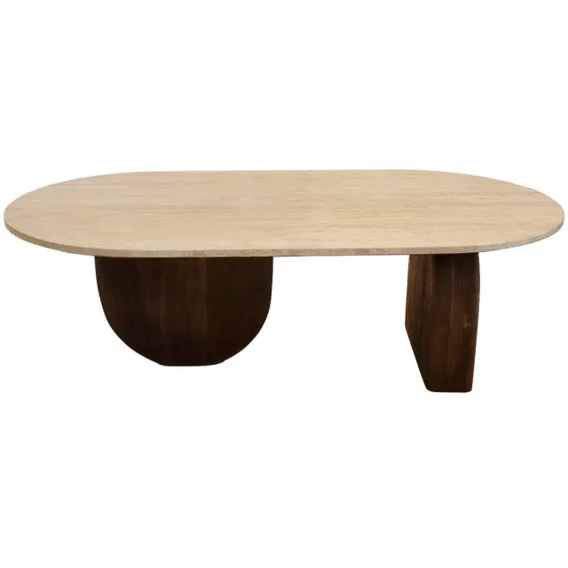 Giga Meubel Salontafel Wessel Ovaal - Travertin/Hout - Bruin - 120x65x38cm