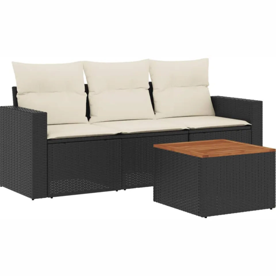 vidaXL 4-delige Loungeset met kussens poly rattan zwart