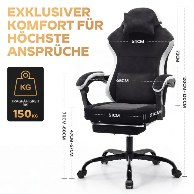 FloraGrace Gamingstoel 58,5 x 63 x 120,5 cm - Verstelbare Rugleuning en Zithoogte - Voor Kantoor en Spelkamer - Stof - Zwart en Wit Wit en zwart