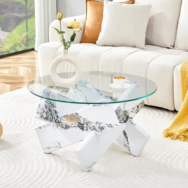 DESMIU Salontafel - Ronde Glazen Tafel Met Marmerlook Onderstel - Moderne Woonkamer En Leeshoek - MDF En Glas - 79 Cm - Wit Transparant