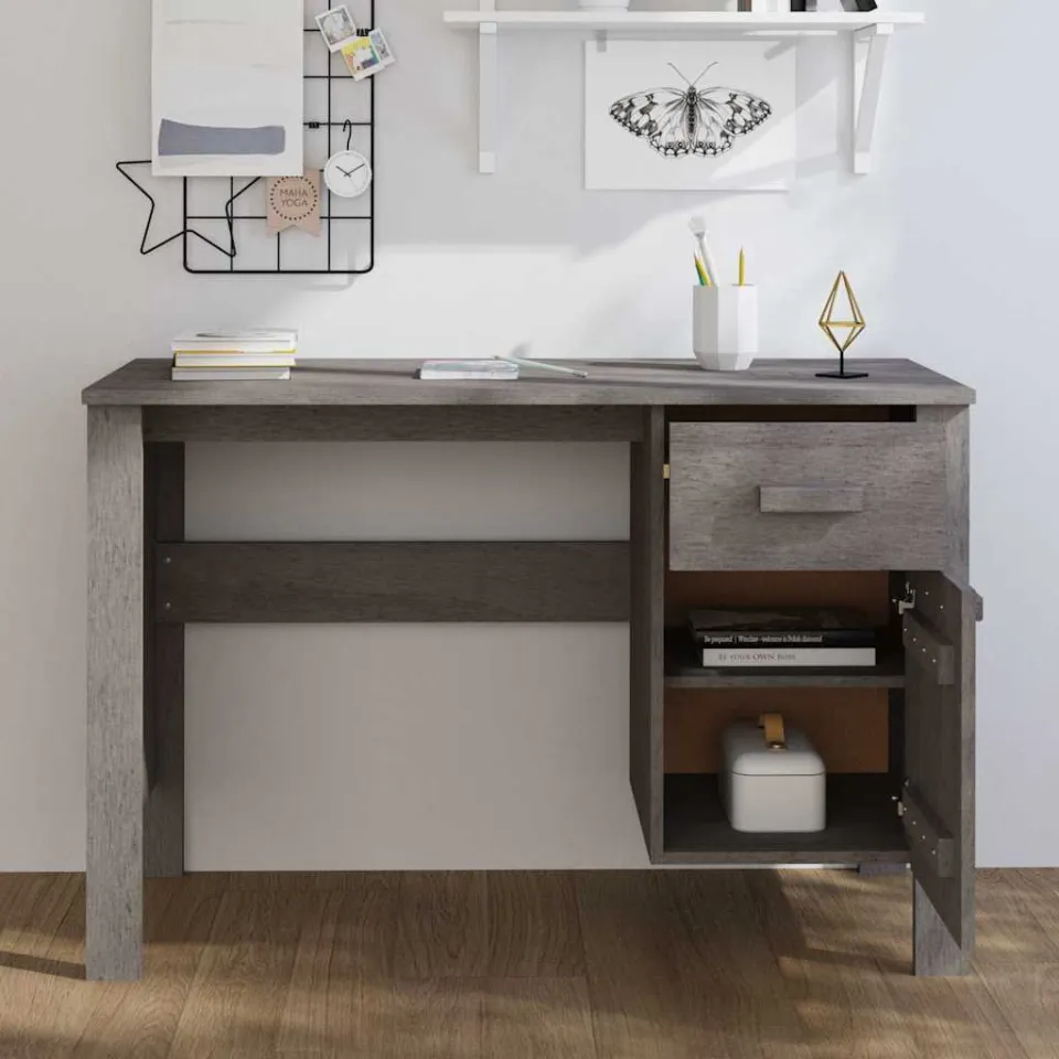 vidaXL Bureau HAMAR 113x50x75 cm massief grenenhout lichtgrijs grijs, foto 3