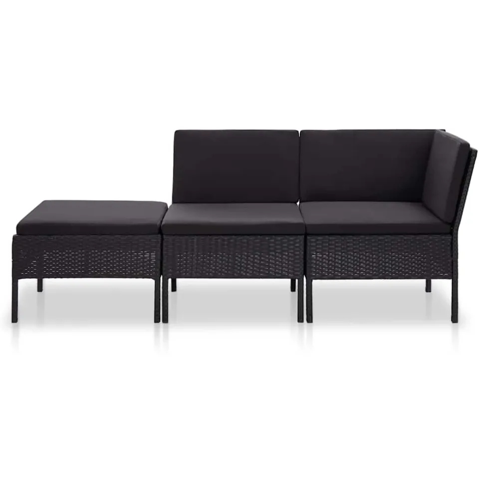 vidaXL 3-delige Loungeset met kussens poly rattan zwart, foto 2