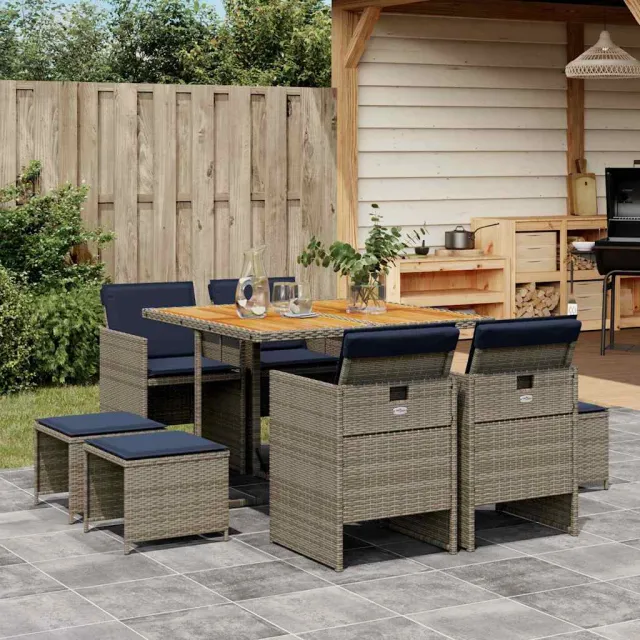 vidaXL 9-delige tuinset met kussens, grijs polyrotan