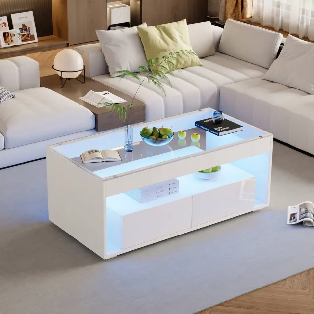 MEUNIQ Salontafel 100 x 50 x 40 cm met LED-verlichting, glazen blad, 2 lades en open vakken, rechthoekige woonkamer tafel wit