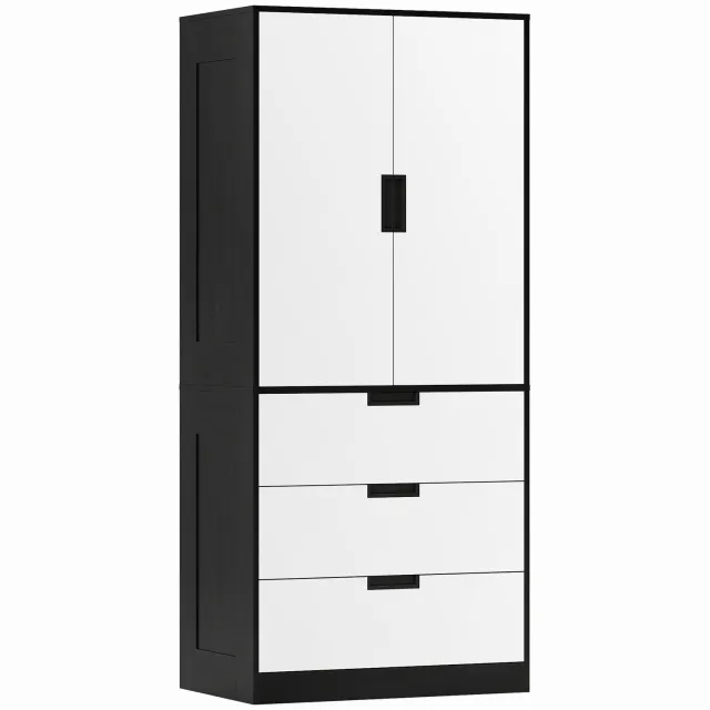 sogiol Kledingkast 2 Deurs met 3 lades en kledingroede voor de slaapkamer - moderne garderobekast - 80x50x180cm - zwart