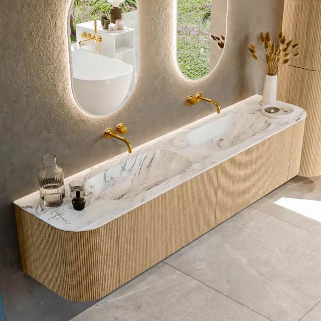 Mondiaz KURVE-DLUX 200 cm Onderkast Greeploos 2 Lades Met Deuren Oak, Wastafel Solid Surface Dubbel Glace 0 Kraangaten Zonder Spiegel (KRVSTS200L+R2L2D0KD-Oak/Gla)