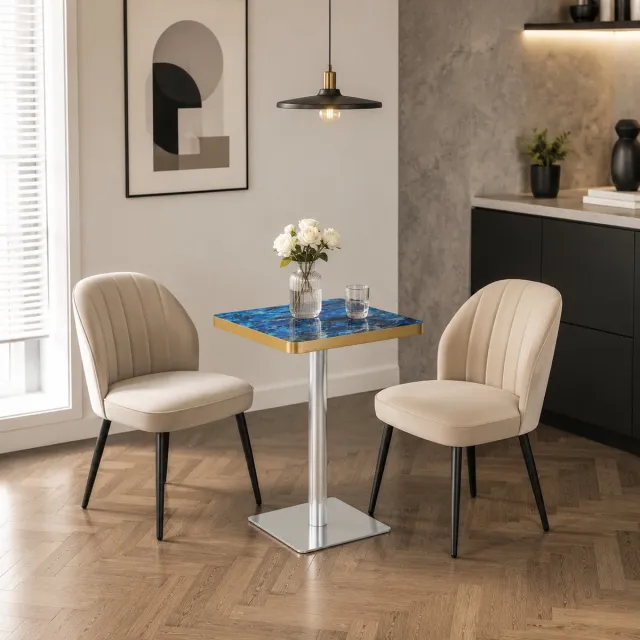 MIVRAY Eettafel - Vierkante Tafel Met Marmerlook En Gouden Rand - Voor Eethoek Of Bistro - Hout En Metaal - 60x60x74 Cm - Blauw