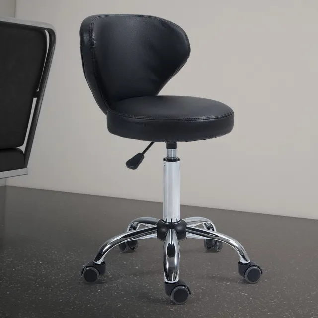 MEUNIQ Bureaukruk draaibaar met rugleuning en wielen, verstelbare zithoogte 51-66 cm, zwart kunstleer en verchroomd metalen frame voor praktijk en thuis